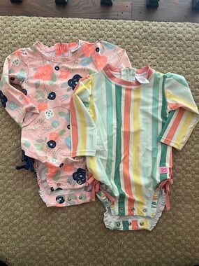 Ruffle Butts Long-Sleeve One-Piece Swimsuits in Pastel Stripe and Floral